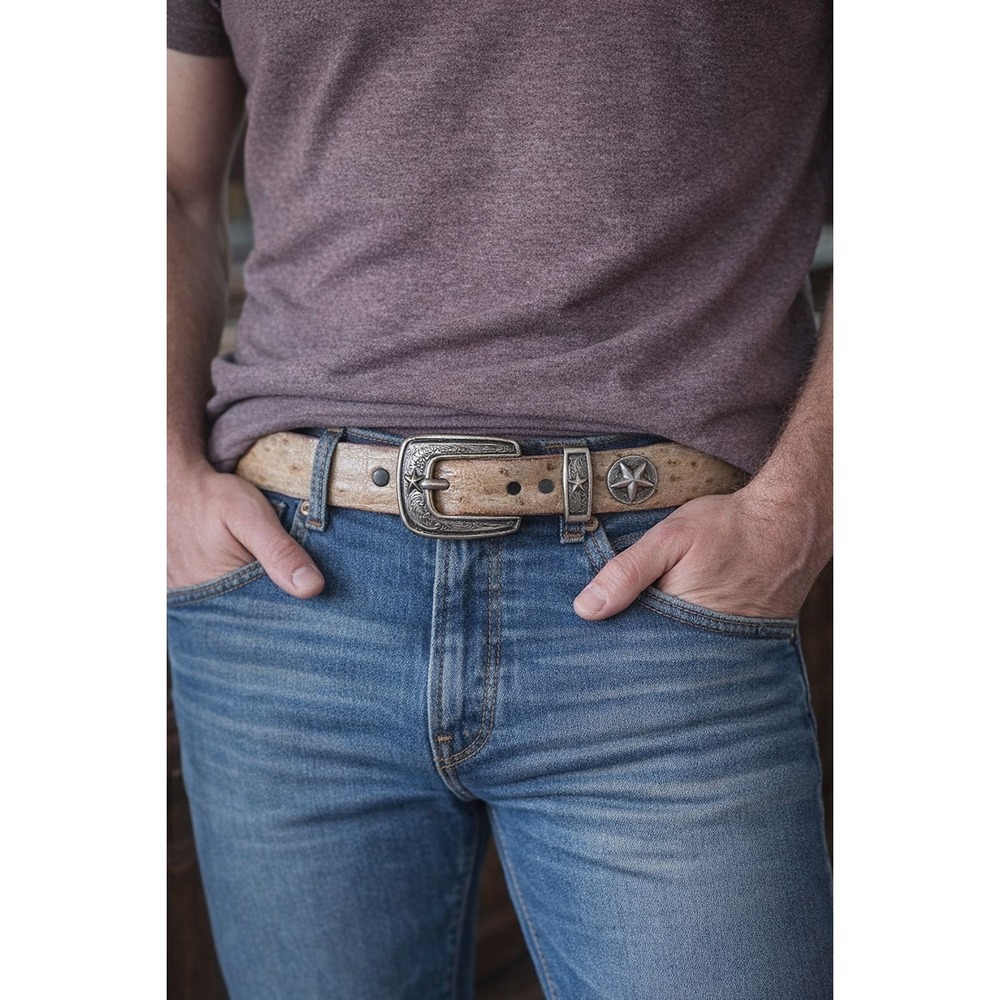 VTG Western Light Brown Ostrich Belt Silver Star Buckle Cowboy Rodeo 46" Men's